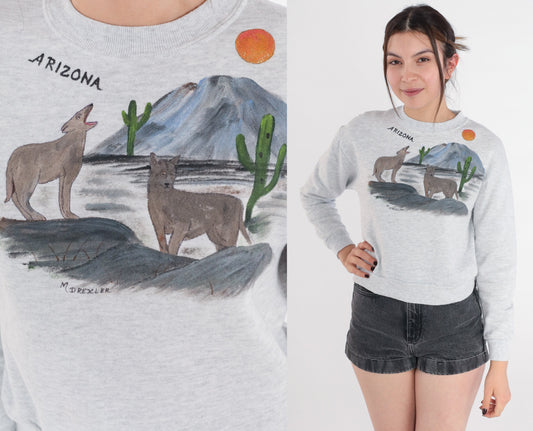 90s Arizona Desert Coyote Painted Sweatshirt Grey Glitter Graphic Jerzees Extra Small