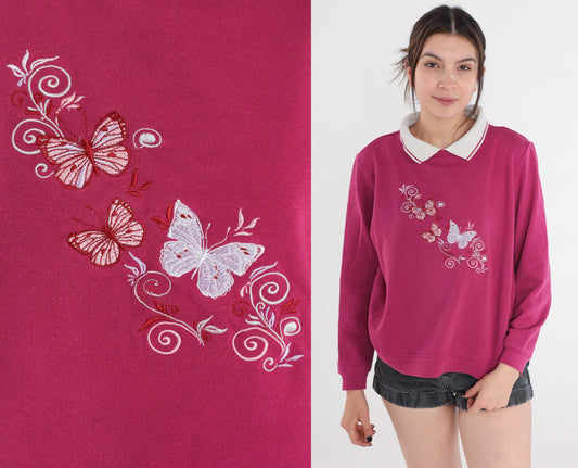 90s Butterfly Embroidered Sweatshirt Berry Pink Collared Medium M