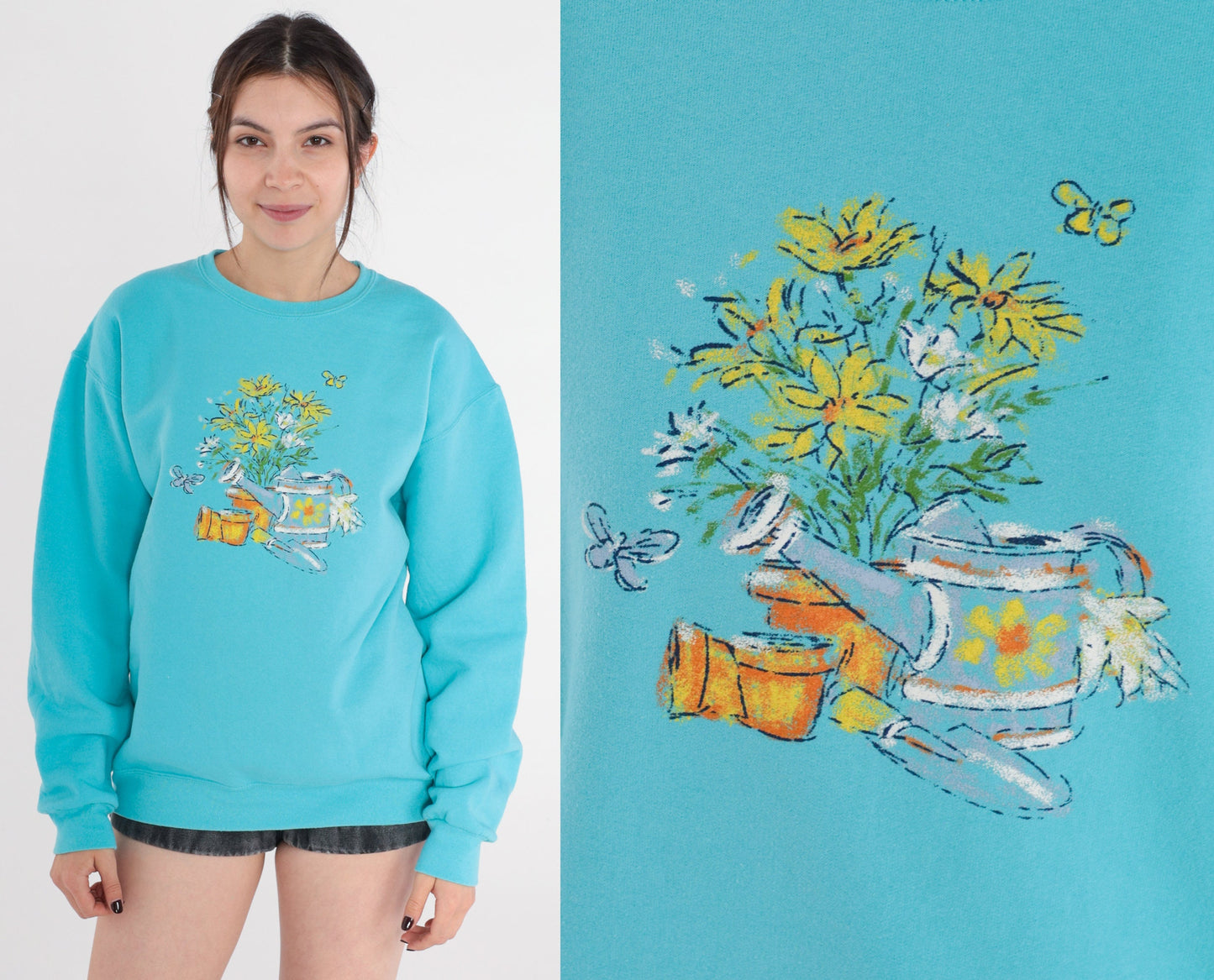 90s Blue Floral Garden Sweatshirt Butterfly Graphic Crewneck Medium M