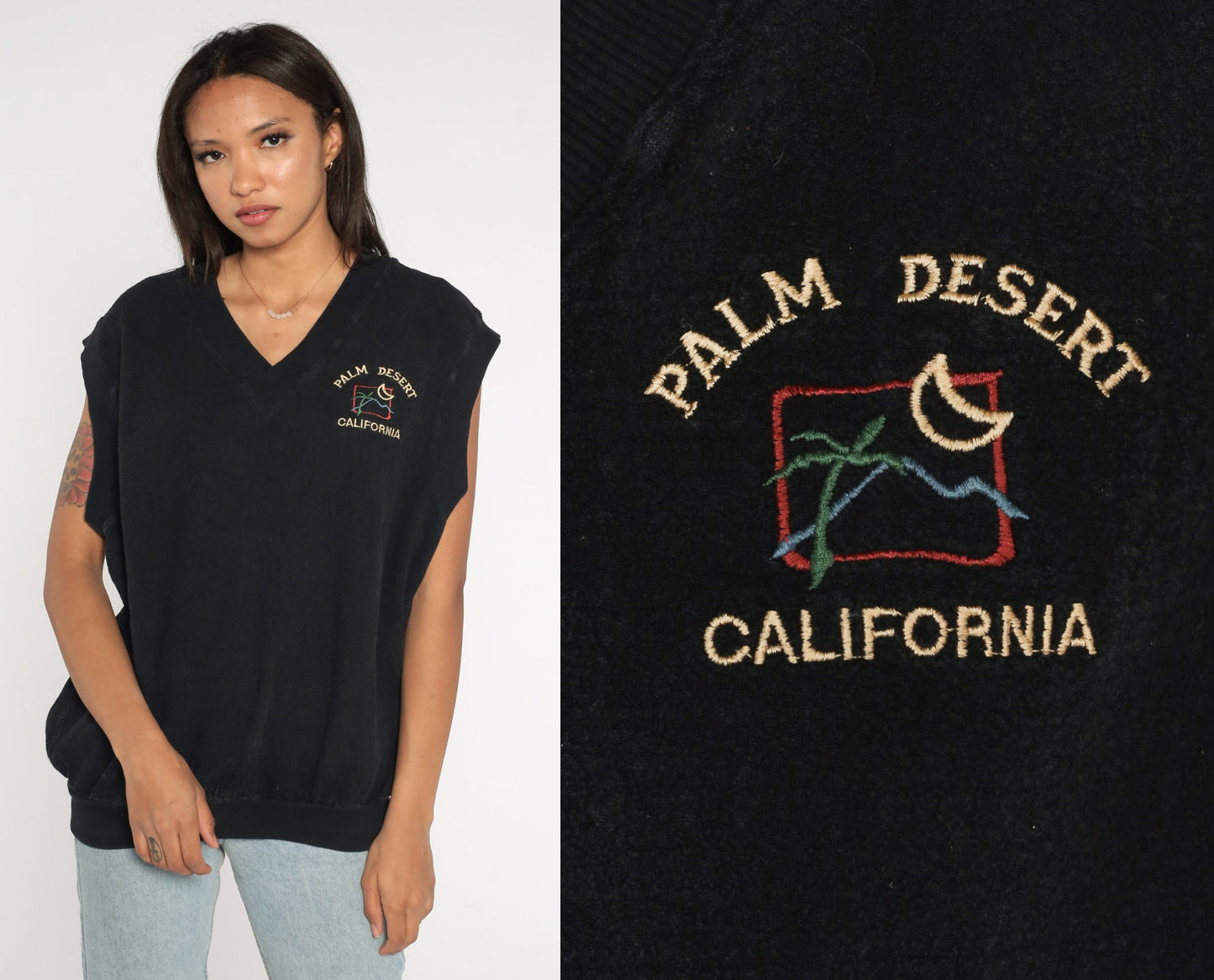80s Palm Desert California Embroidered Sleeveless Vest Black Large
