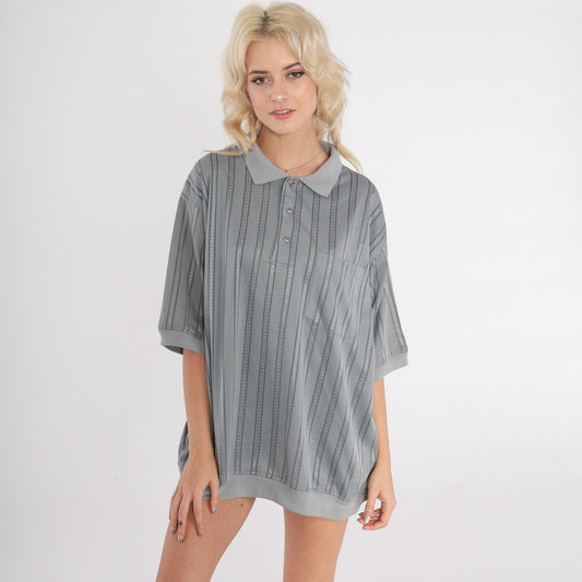 80s Grey Striped Polo Shirt Half Button Short Sleeve Men's Extra Large XL