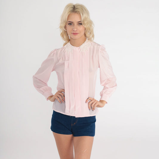 80s Pink Puff Sleeve Blouse Pleated Lace Collar Button-Up Small