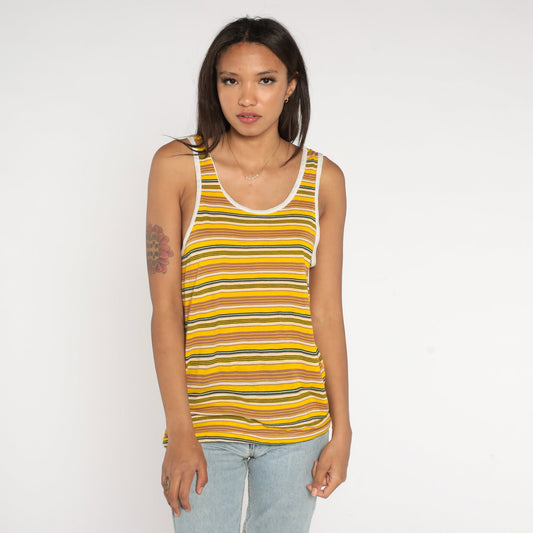 80s Striped Ringer Tank Top Yellow Brown Green White Single Stitch Small