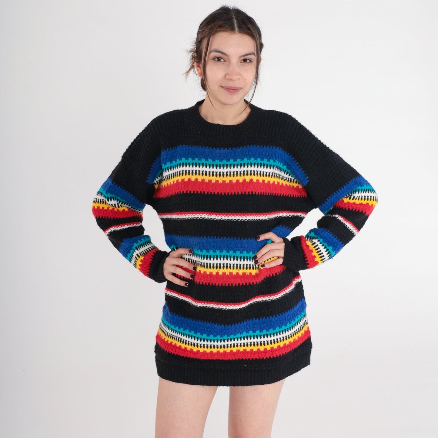 80s Cuddle Knit Striped Crewneck Sweater Black Multicolor Small S