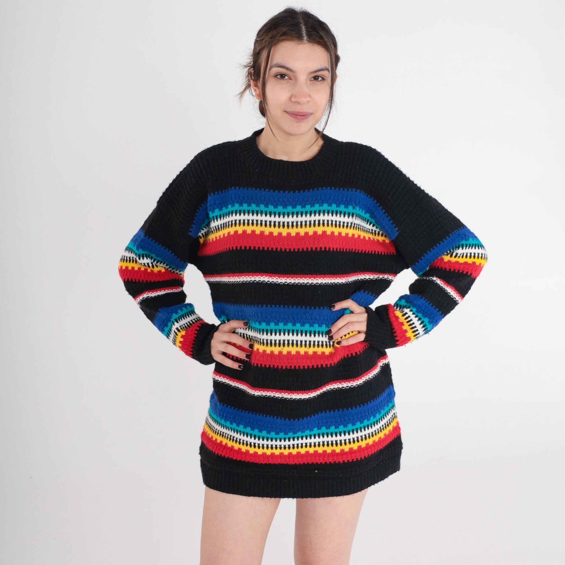 80s Cuddle Knit Striped Crewneck Sweater Black Multicolor Small S