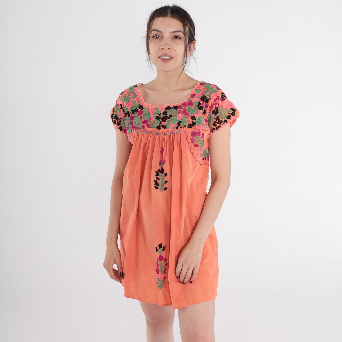 70s Oaxacan Floral Embroidered Mini Dress Orange Cotton Peasant Small