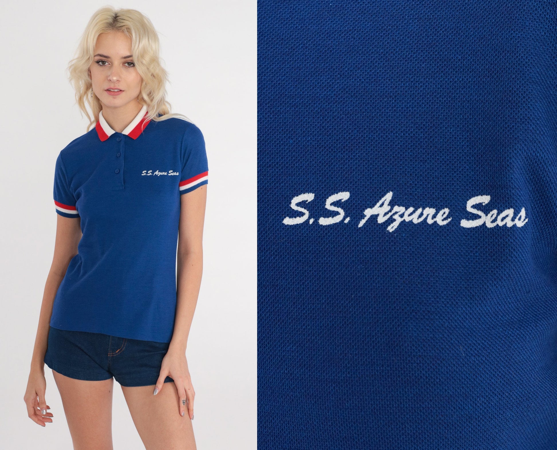 80s Blue Polo Shirt SS Azure Seas Striped Nautical Collared Small