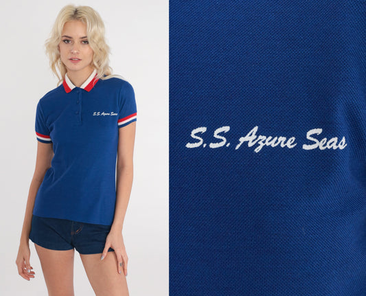 80s Blue Polo Shirt SS Azure Seas Striped Nautical Collared Small