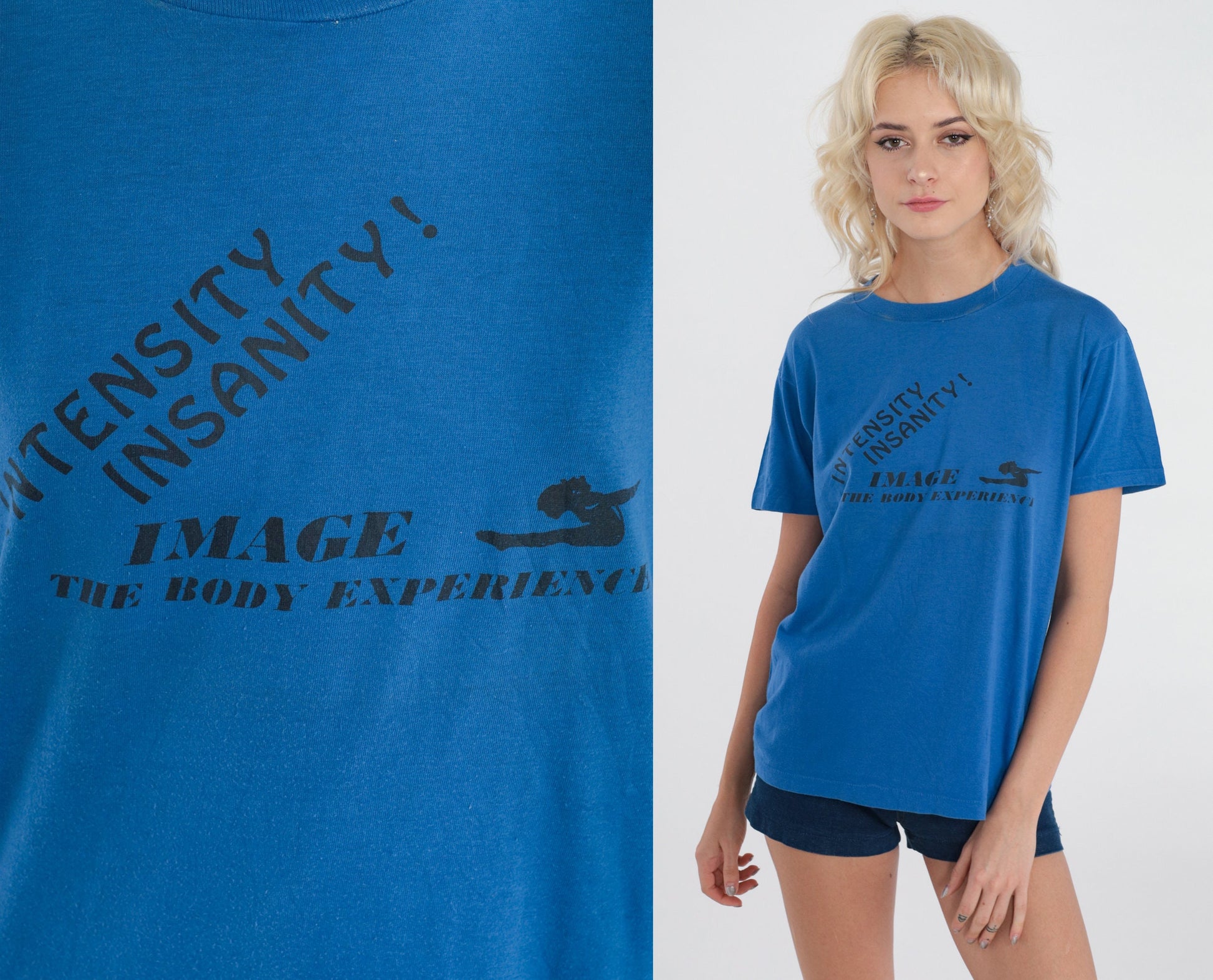 80s Intensity Insanity Graphic T-Shirt Blue Athletic Aerobics Tee Medium