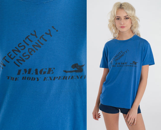 80s Intensity Insanity Graphic T-Shirt Blue Athletic Aerobics Tee Medium