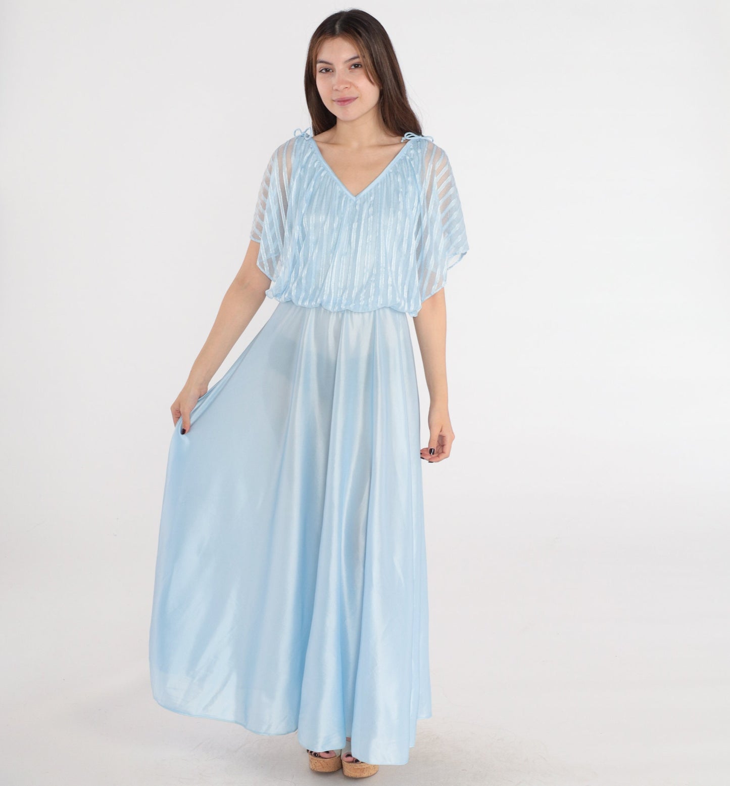 70s Baby Blue Maxi Dress Grecian High Waisted Flutter Sleeve Small