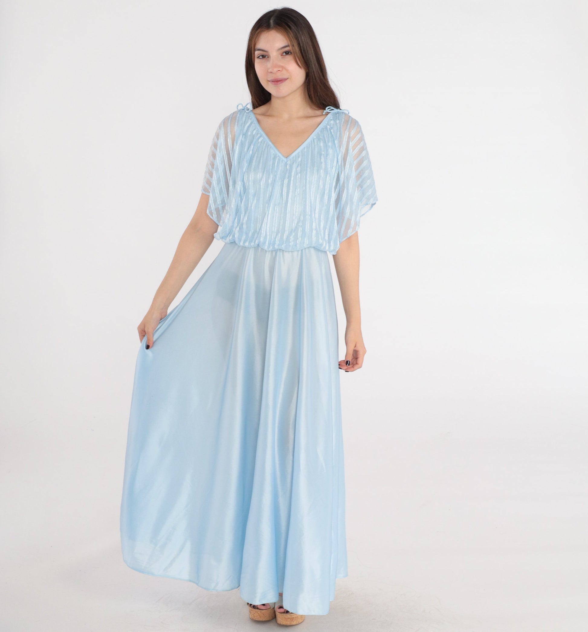 70s Baby Blue Maxi Dress Grecian High Waisted Flutter Sleeve Small