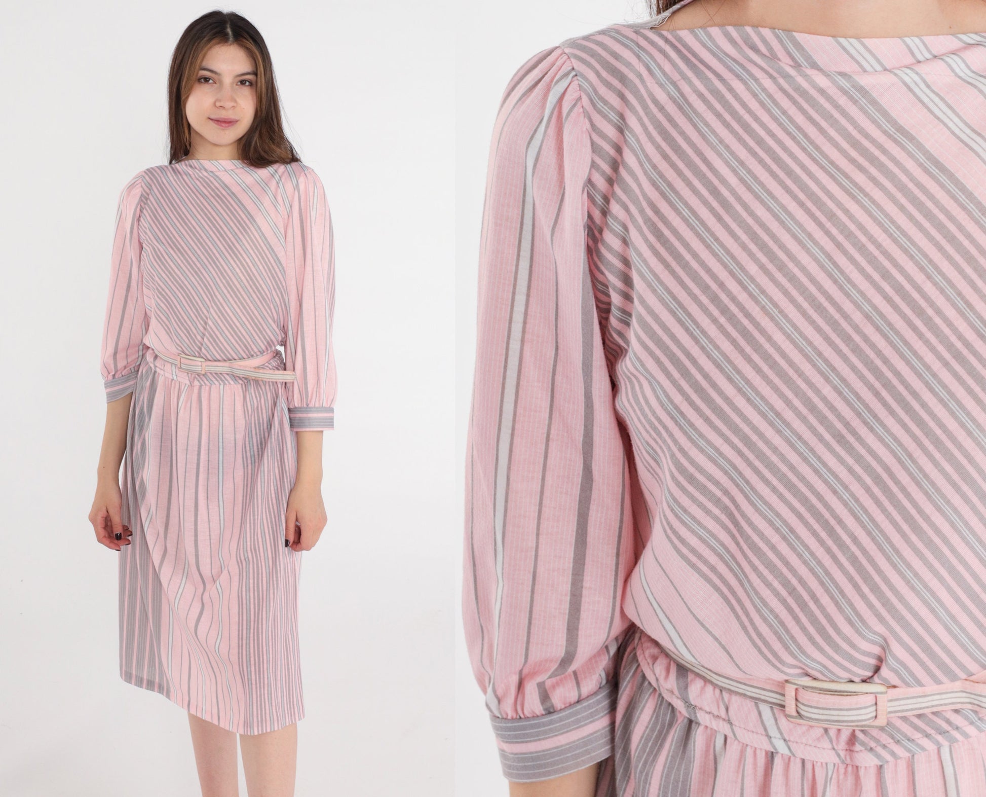 80s Pink Grey Striped Midi Dress Puff Sleeve Boatneck Belted Medium 8