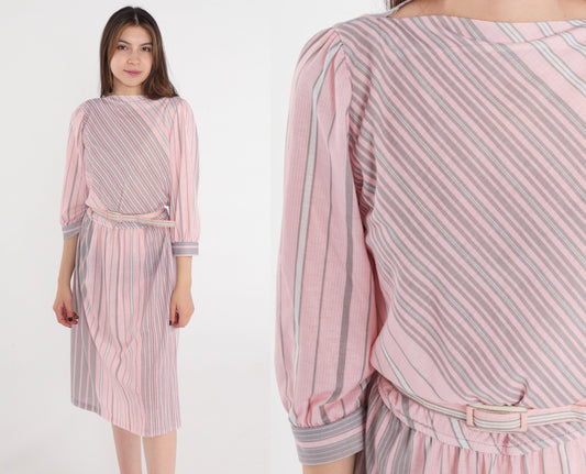 80s Pink Grey Striped Midi Dress Puff Sleeve Boatneck Belted Medium 8