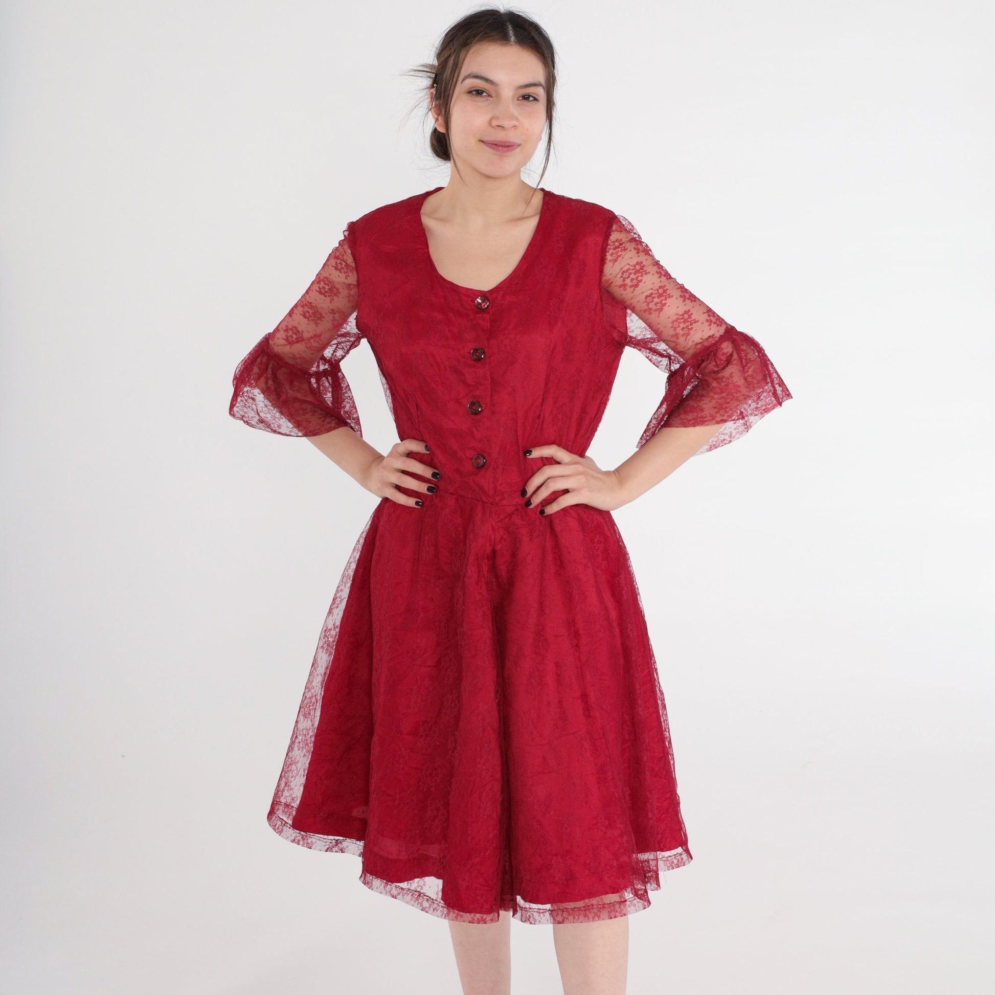 90s Red Lace Dress Button-Up Sheer Ruffle Sleeve Knee-Length Medium M