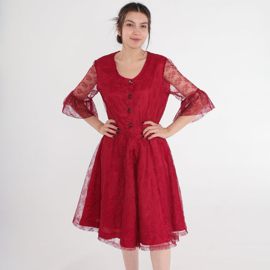 90s Red Lace Dress Button-Up Sheer Ruffle Sleeve Knee-Length Medium M