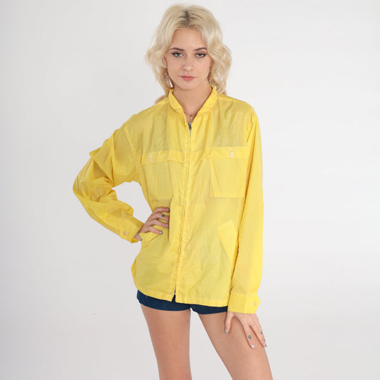 70s Yellow Nylon Windbreaker Jacket Semi-Sheer Shell Zip Front Medium