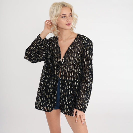 90s R&K Evening Sheer Black Blazer Metallic Animal Print Open Front Large L