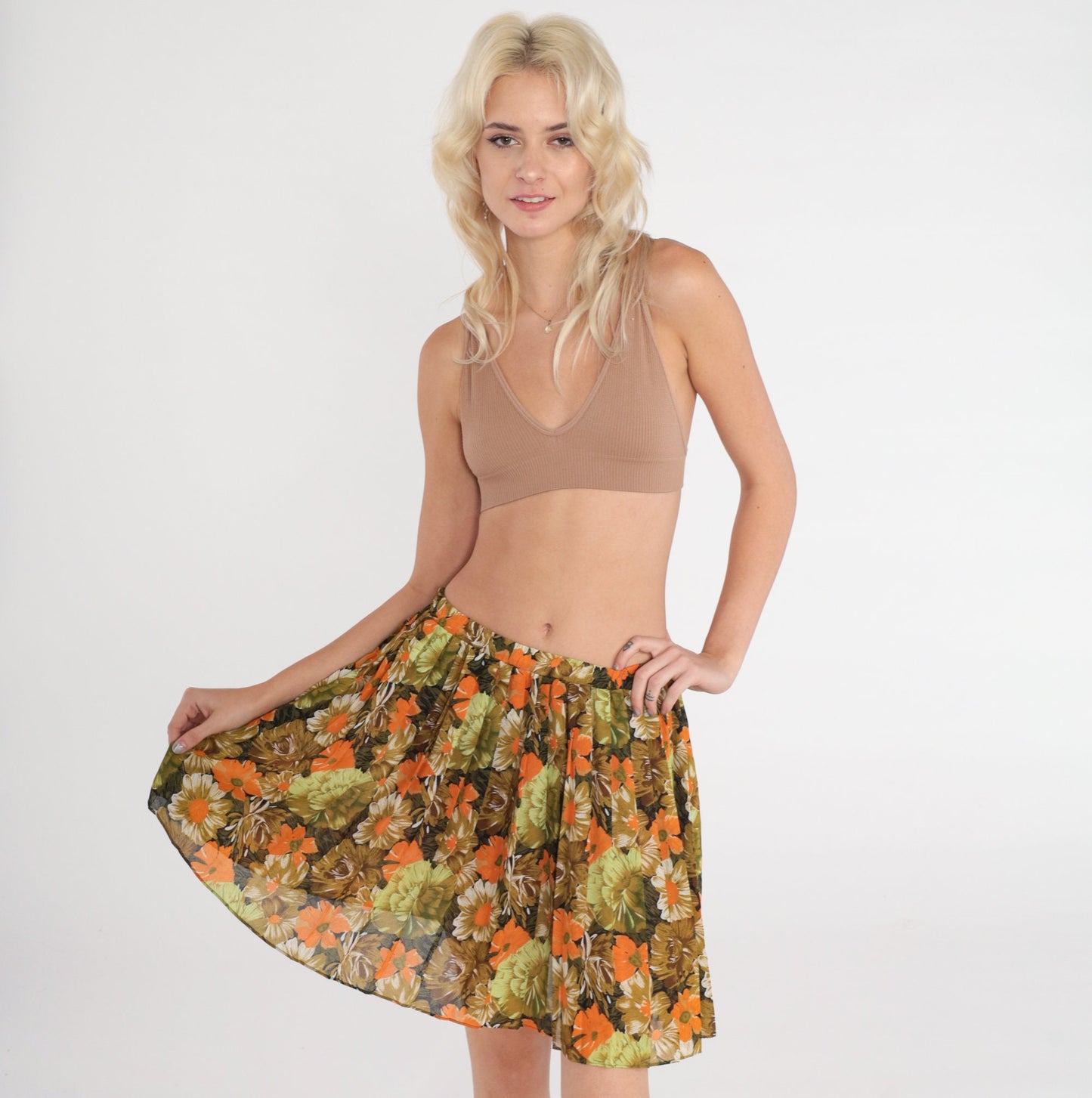 80s Floral Pleated Mini Skirt Olive Green Orange Flower Print Small Medium