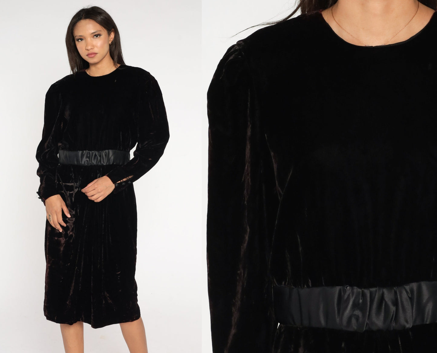 90s Black Velvet Midi Dress Long Sleeve High Waist Pencil Sheath Medium