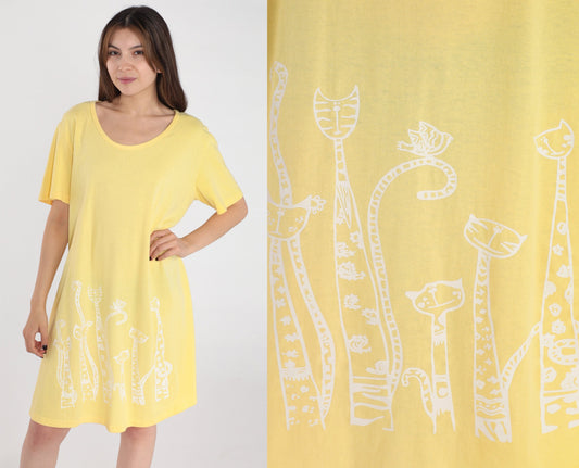 90s Yellow Cat Print T-Shirt Dress Shift Scoop Neck Mini Medium