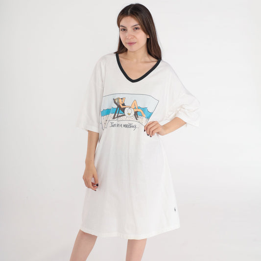 90s I'm In a Meeting Graphic T-Shirt Dress White Cotton Midi One Size
