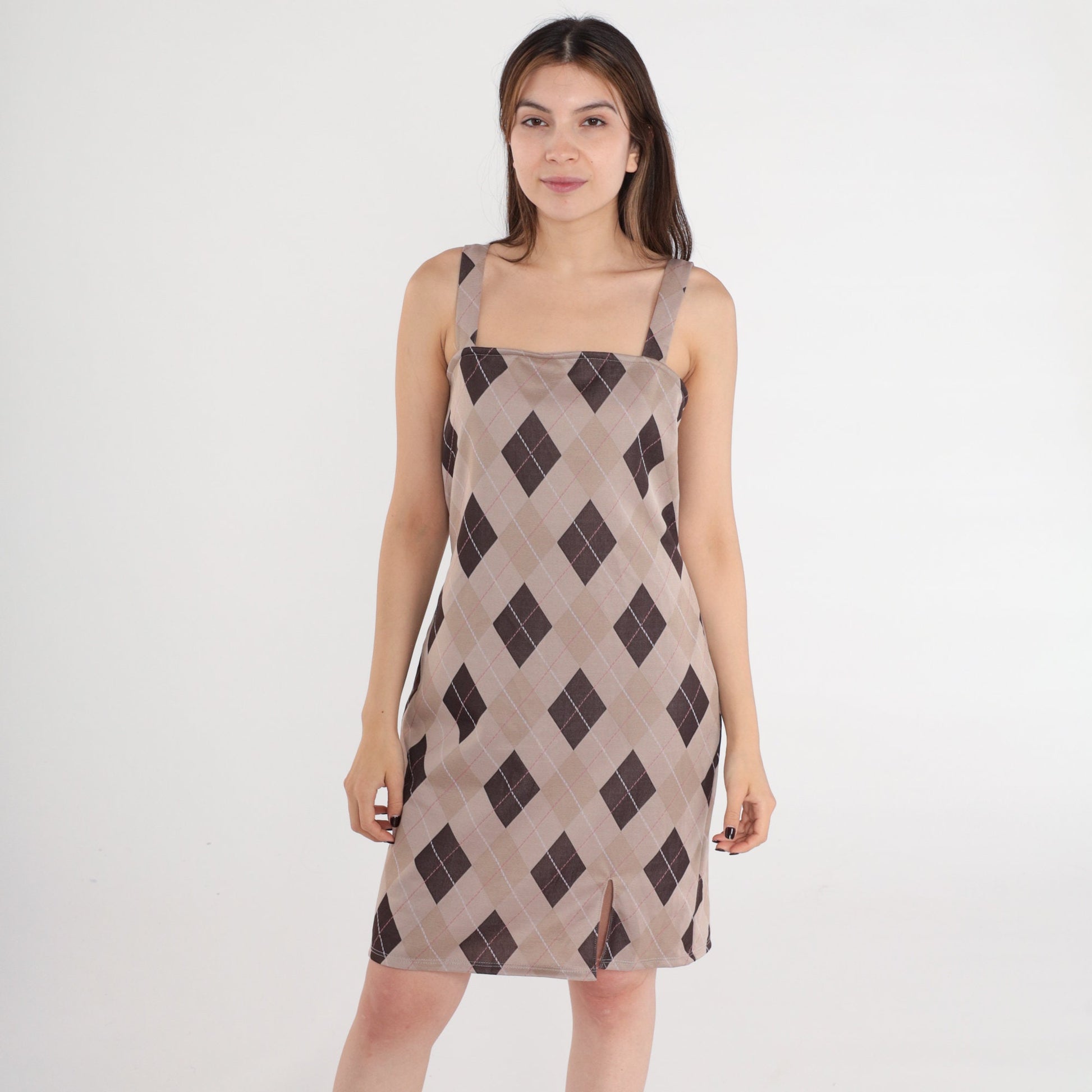 Y2K Tan Argyle Checkered Mini Sundress Spaghetti Strap Shift Small Medium