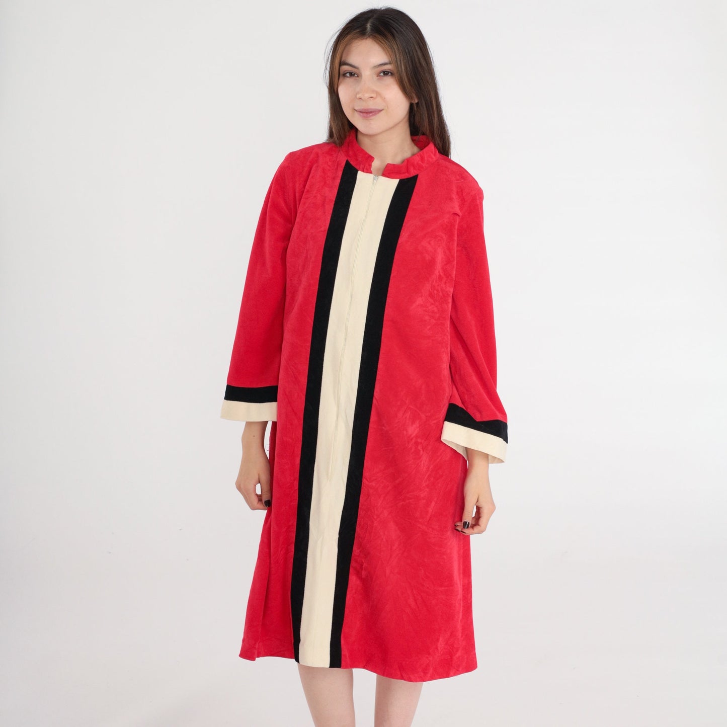 70s Red Striped Velour Robe Dress Mini Shift Front Zip Lounge Medium Large