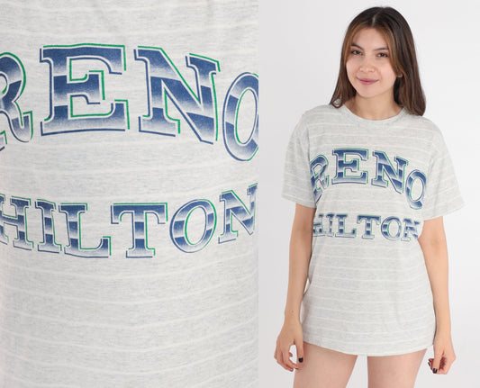 90s Reno Hilton Nevada Hotel Graphic T-Shirt Grey Striped Medium