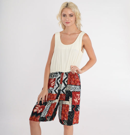 80s Sleeveless Romper Cream Abstract Print Scoop Neck Playsuit Medium M