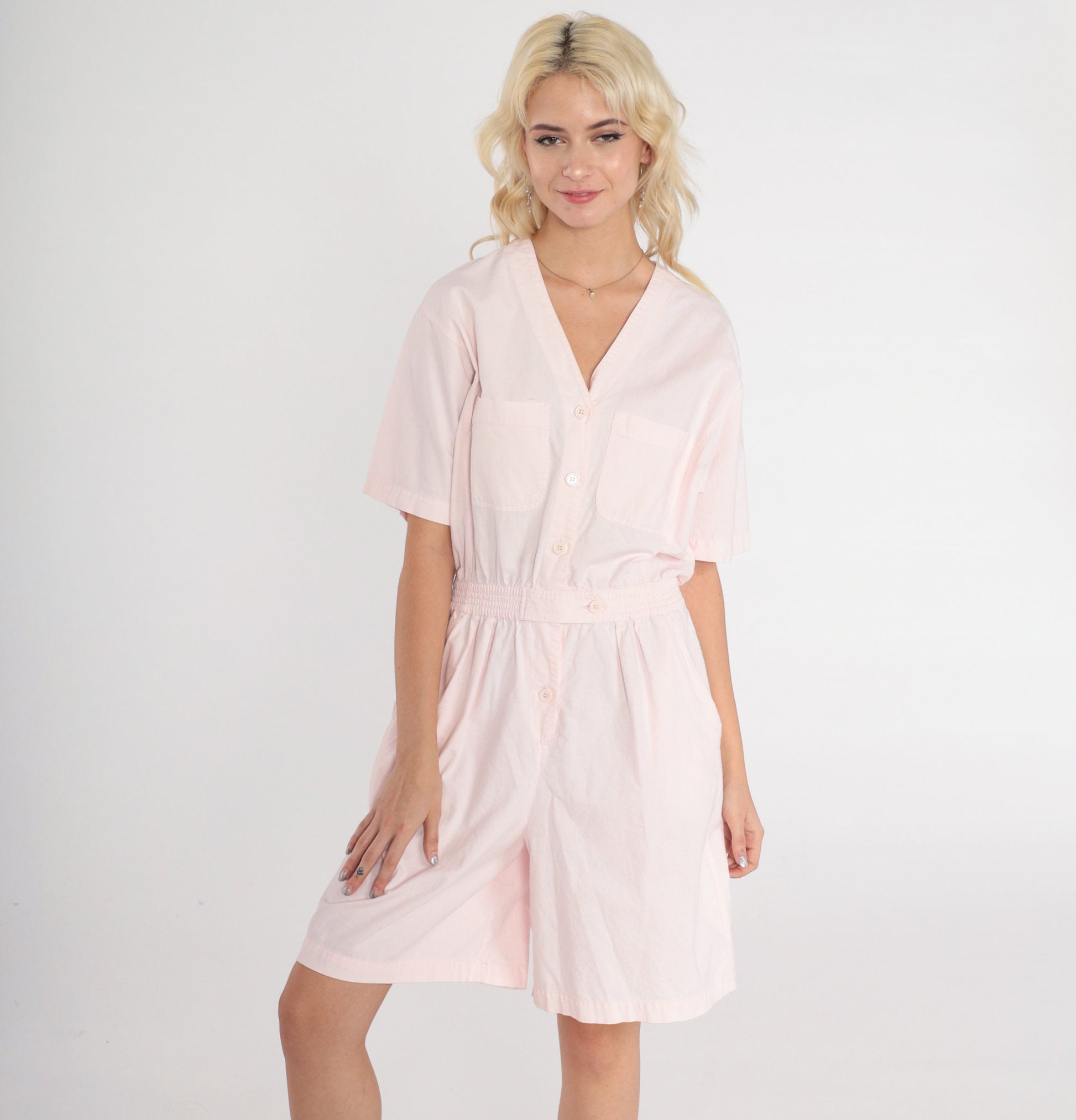 90s Baby Pink Cotton Romper Button-Up V-Neck Chest Pockets Medium