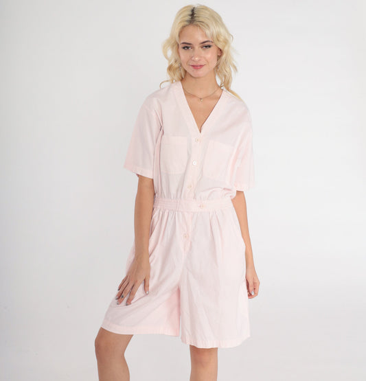 90s Baby Pink Cotton Romper Button-Up V-Neck Chest Pockets Medium