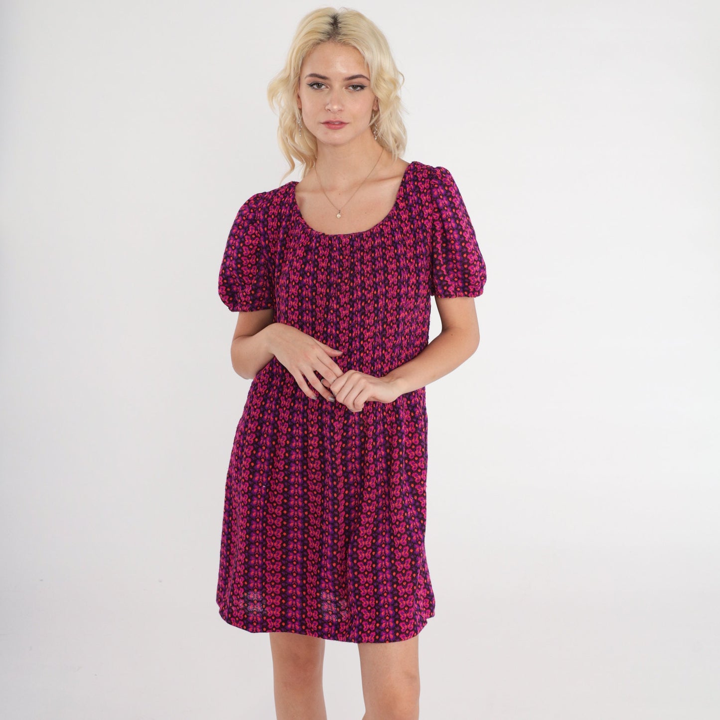 60s Butterfly Print Shift Dress Puff Sleeve Mini Pink Purple Orange Medium Large
