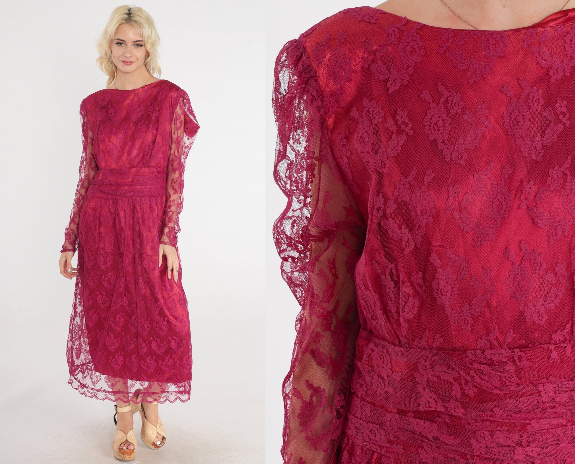 70s Raspberry Lace Midi Dress Puff Sleeve High Waist Low Back Medium