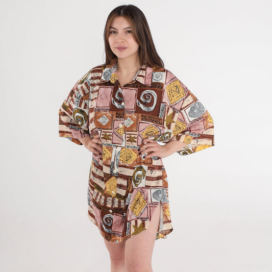 80s Beach Button Up Shirt Fish Seashell Starfish Print Plus Size 3XL
