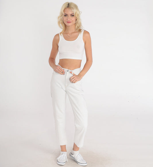 90s Guess White Denim Mom Jeans Mid Rise Slim Tapered 2XS