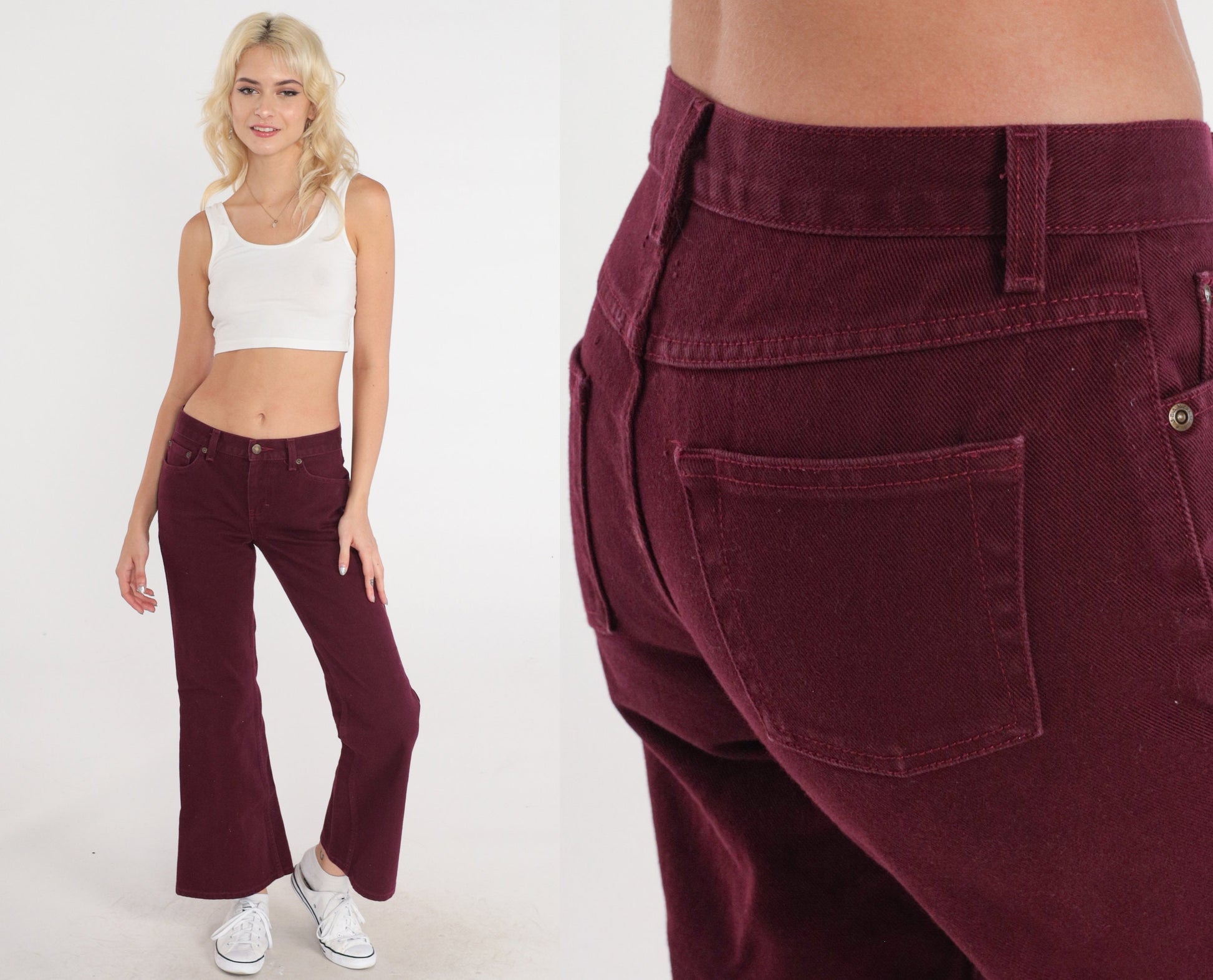 90s Burgundy Flared Jeans Low Rise Bell Bottom Denim Extra Small