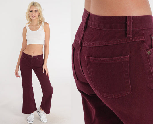 90s Burgundy Flared Jeans Low Rise Bell Bottom Denim Extra Small