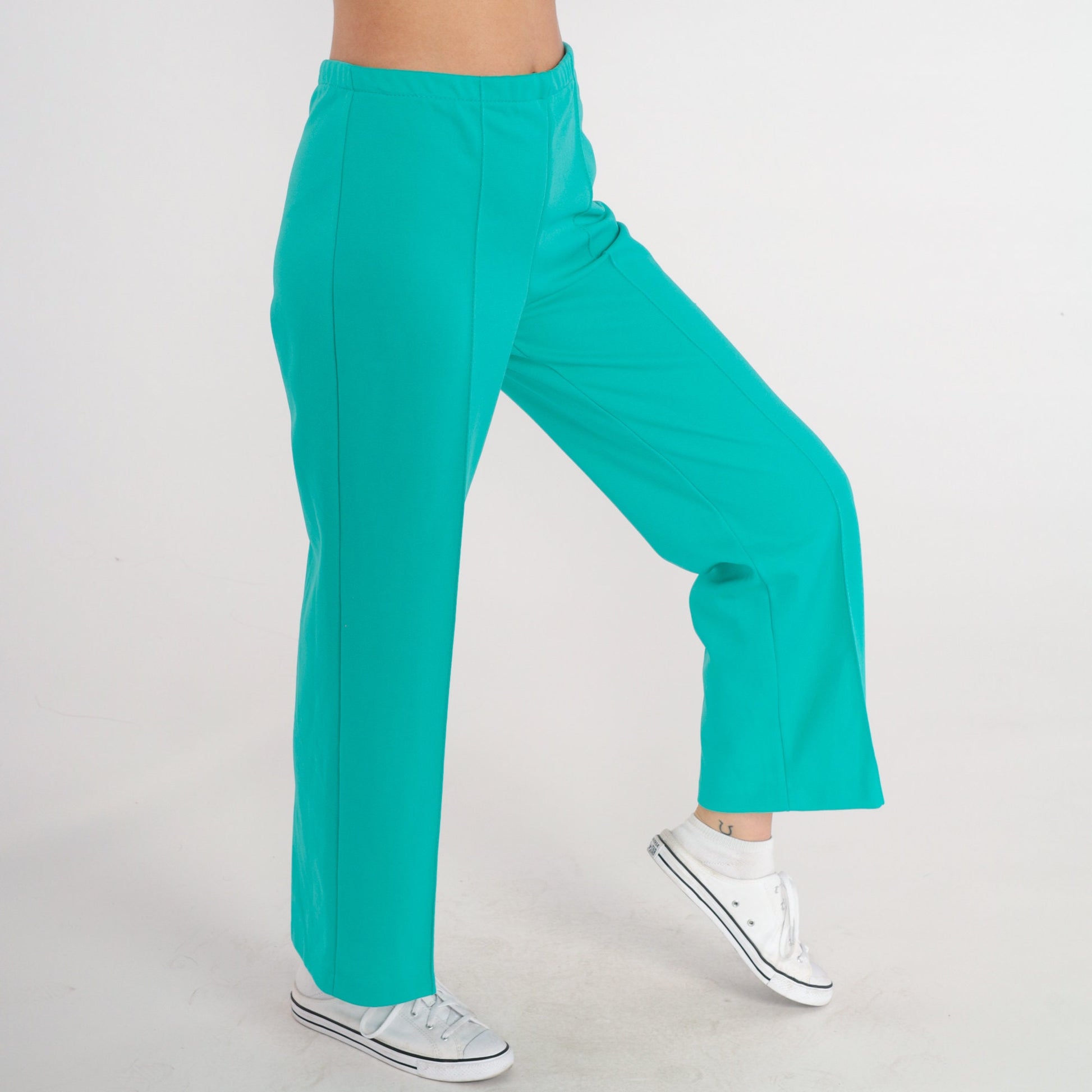 70s Turquoise High-Rise Straight Leg Trousers Elastic Waist Creased Medium