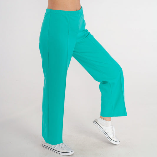 70s Turquoise High-Rise Straight Leg Trousers Elastic Waist Creased Medium
