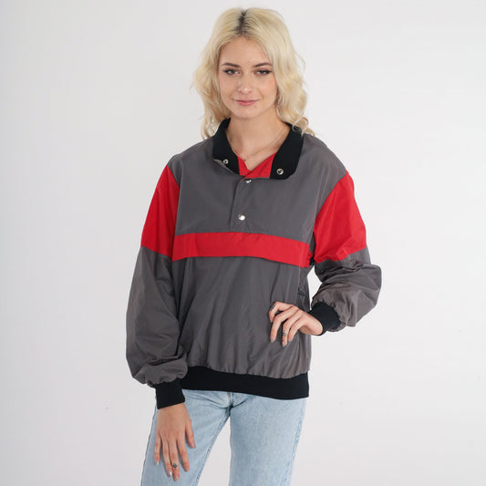 80s Grey Red Striped Nylon Windbreaker Pullover Half-Snap Jacket Medium