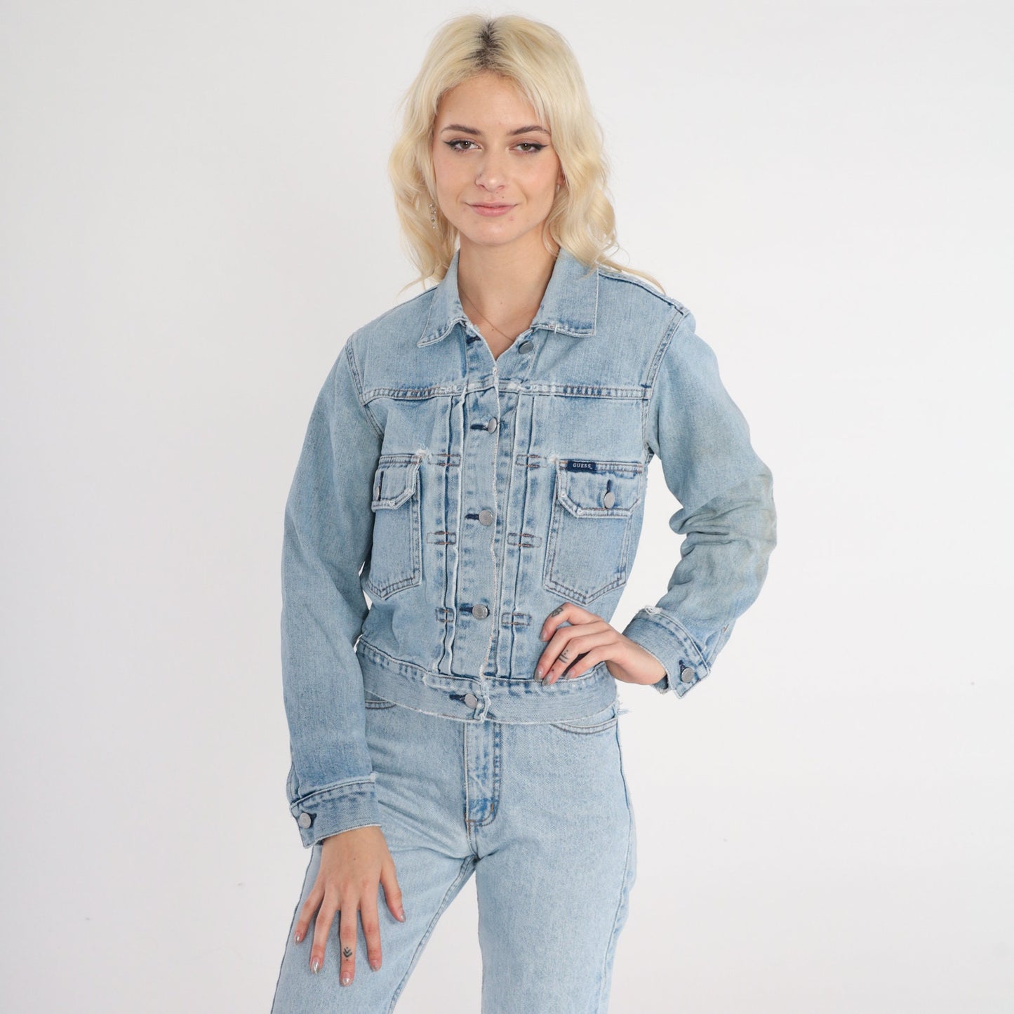 Guess Y2K Distressed Denim Jacket Cropped Blue Medium M