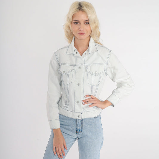 80s Levi's Denim Jacket White Stone Wash Cropped Button Up Extra Small
