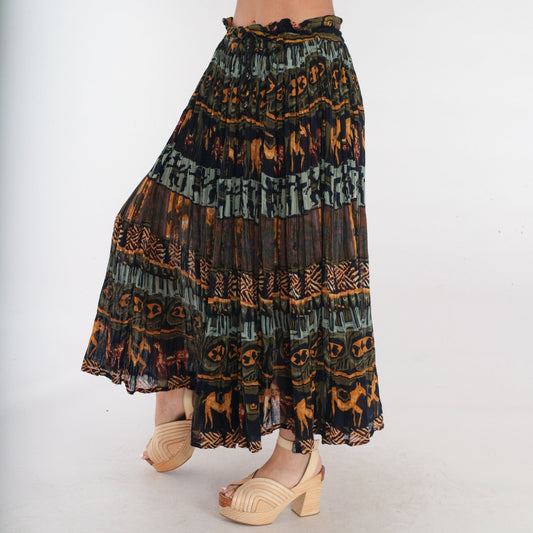 90s Geometric Horse Print Broomstick Skirt Olive Green Drawstring Medium Large