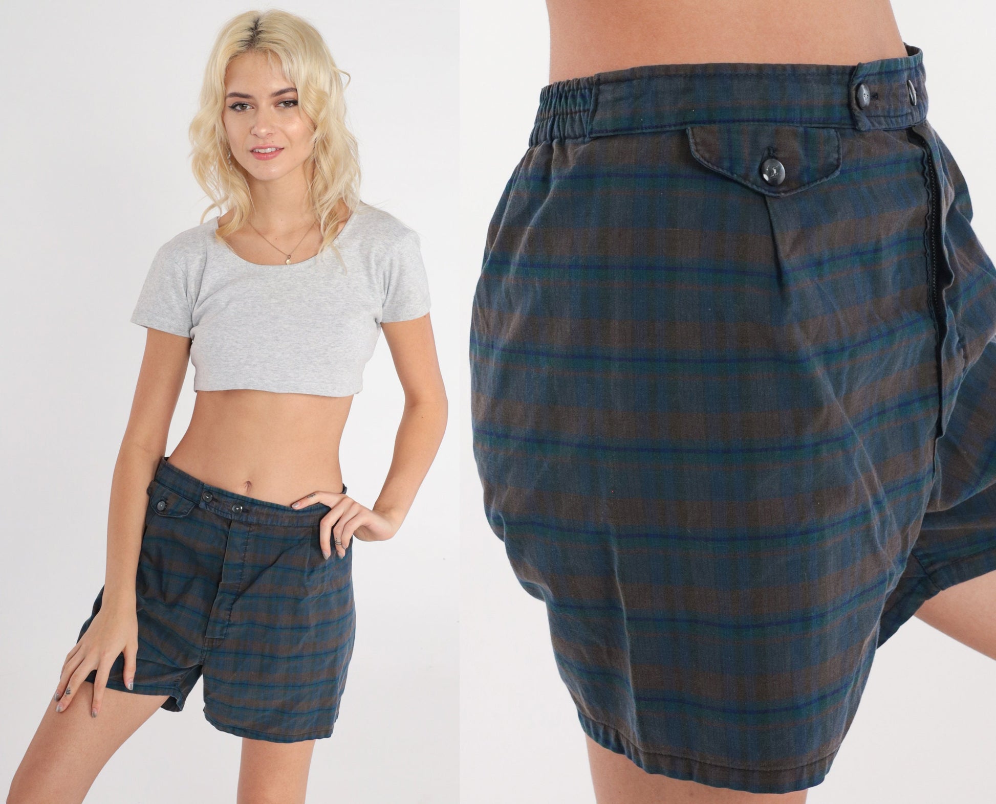 70s Plaid Swim Shorts Dark Blue Brown Checkered Elastic Waist Small