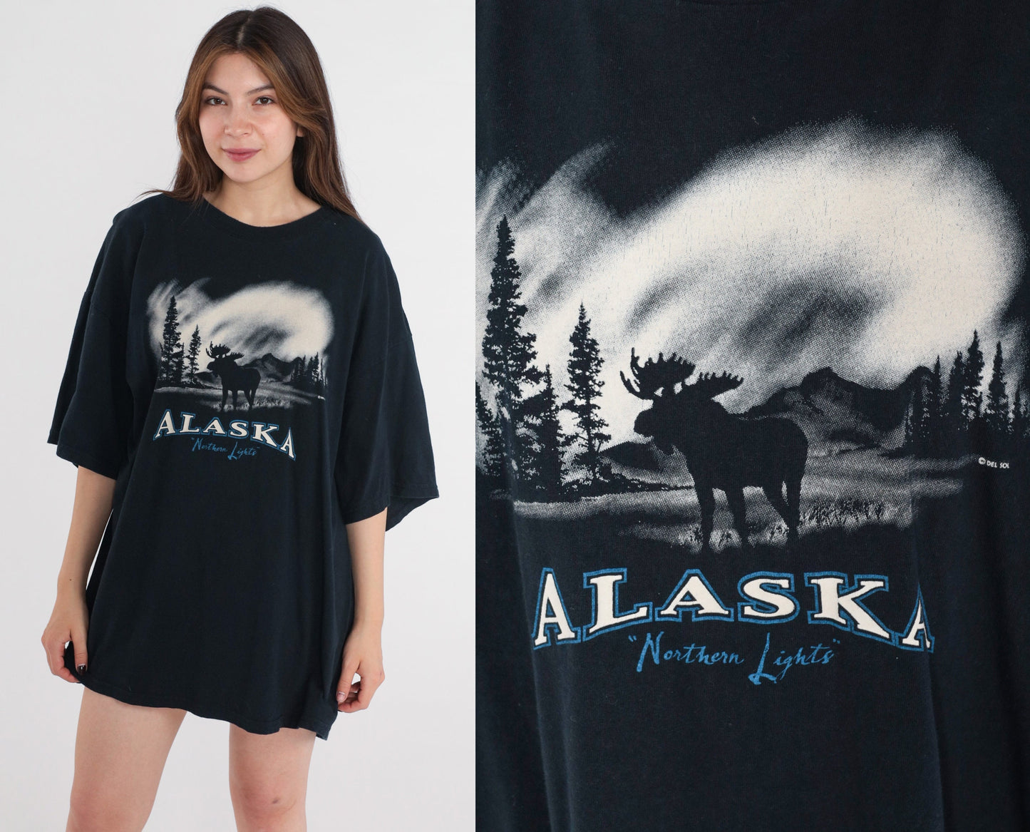 Y2K Alaska Moose Northern Lights Graphic Tee Cotton Plus Size XXL