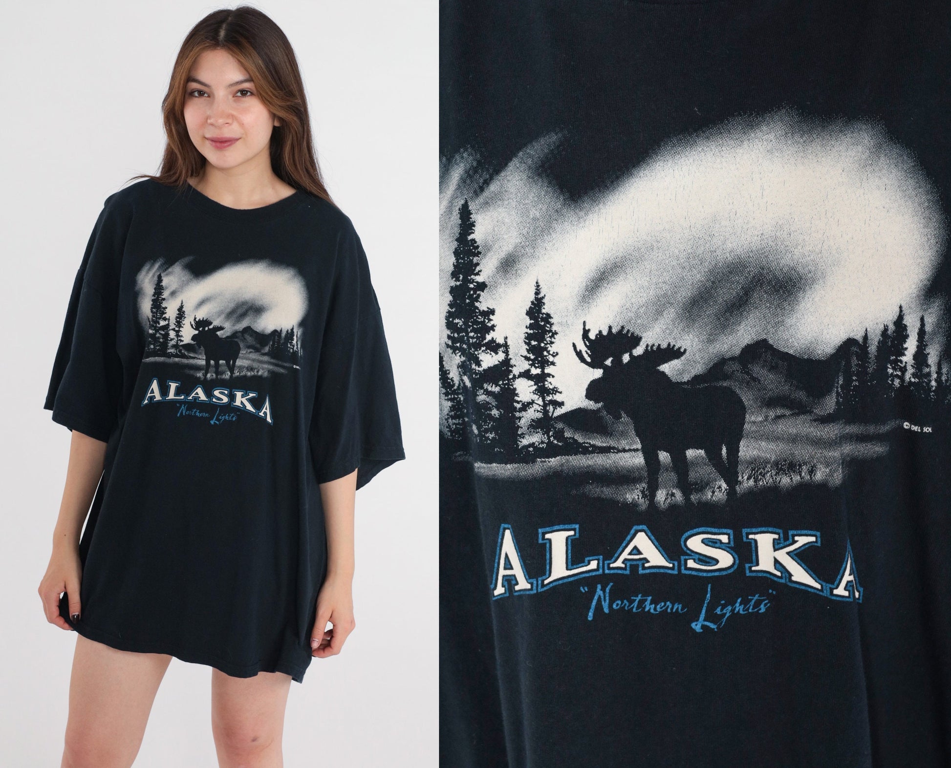 Y2K Alaska Moose Northern Lights Graphic Tee Cotton Plus Size XXL