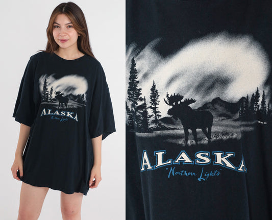 Y2K Alaska Moose Northern Lights Graphic Tee Cotton Plus Size XXL