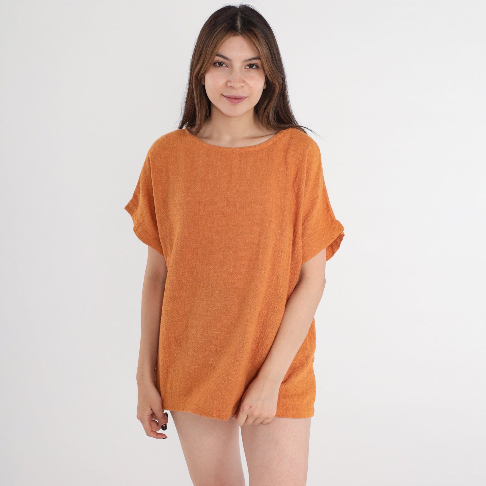 80s Burnt Orange Cotton Woven Blouse Short Sleeve Large L