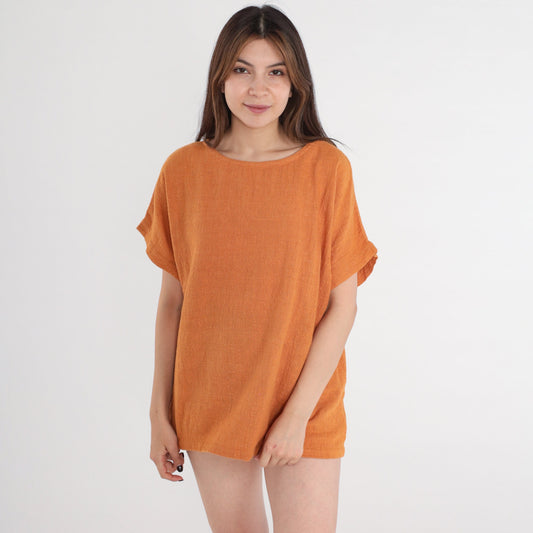 80s Burnt Orange Cotton Woven Blouse Short Sleeve Large L